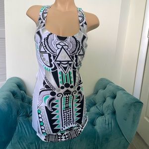 2B Bebe Tank White Printed Minidress with Mesh Back Panel M